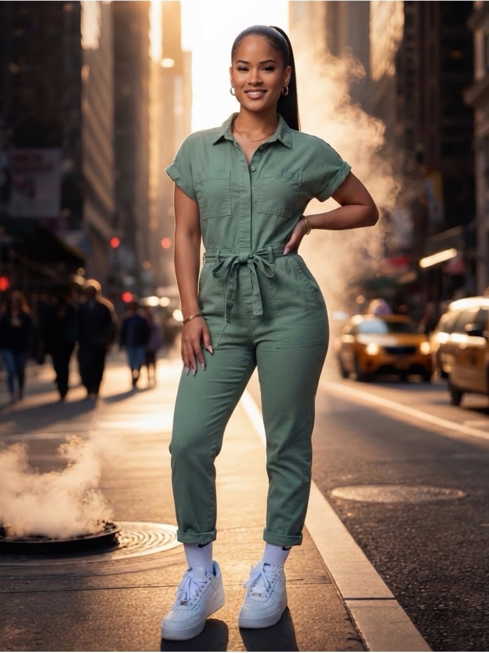 Women’s Short-Sleeve Utility Jumpsuit in Sage Green